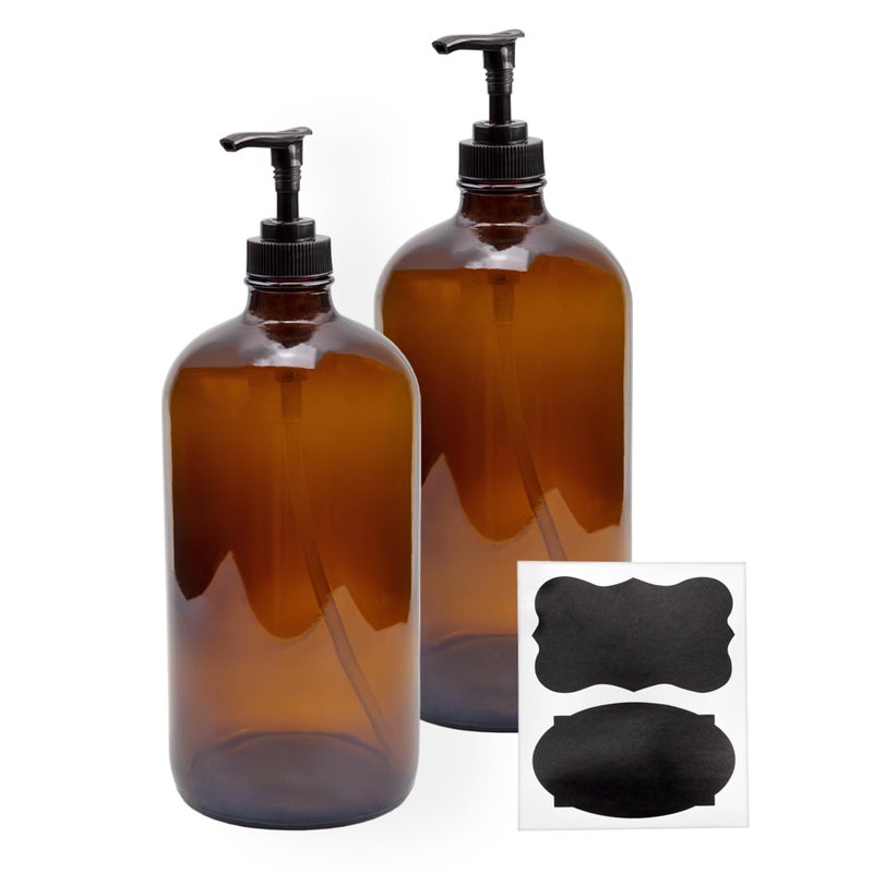 Cornucopia Brands 32-Ounce Amber Glass Lotion Pump Bottles (2-Pack); Quart Size Brown Bottles w/Black Plastic Locking Pump Dispensers; Includes Chalk Labels - Image 1
